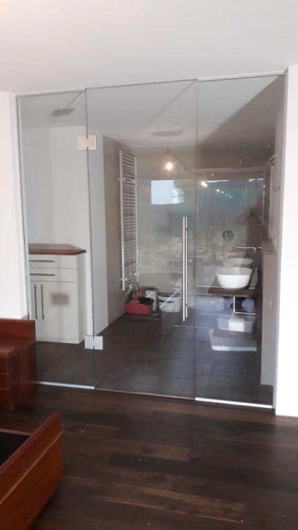 Badezimmer mit Glaswänden, sichtbarem Waschbecken und Dusche; dunkler Holzboden.