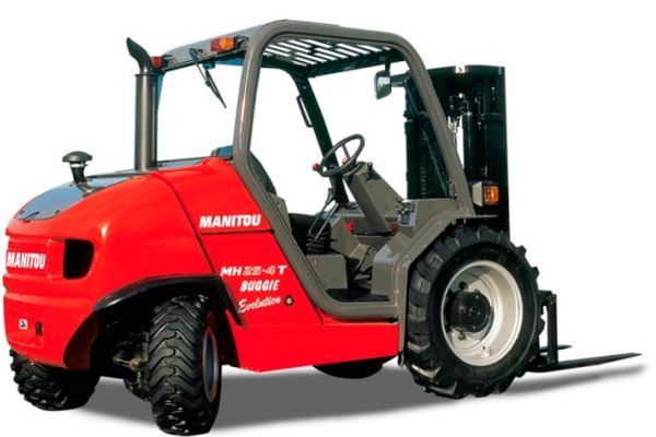 Una carretilla elevadora Manitou roja está sobre un fondo blanco.
