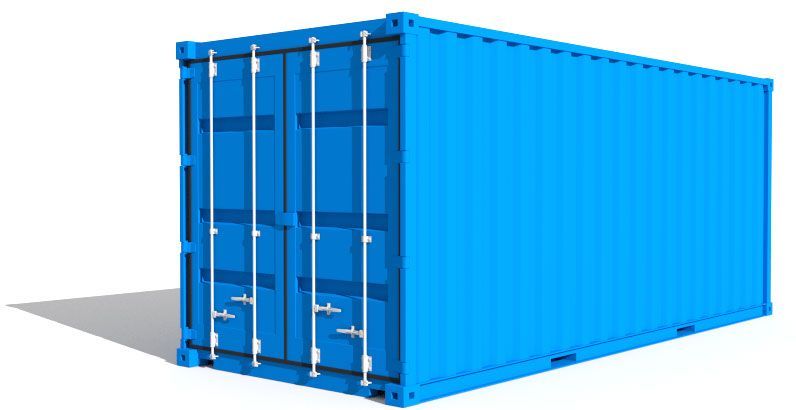 Un contenedor de envío azul está sobre una superficie blanca.