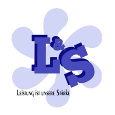 Blue “L&S” logo with pale lavender flower-like background and small German tagline “Leistung ist unsere Stärke”