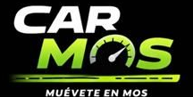 Logotipo de Car Mos en blanco y verde lima con un veloc&iacute;metro y el eslogan &laquo;Mu&eacute;vete en Mos&raquo;