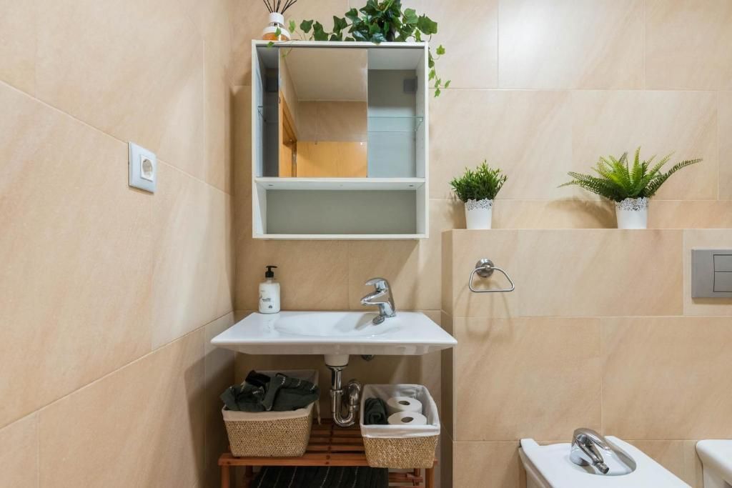 Baño con lavabo blanco, mueble espejo, plantas y paredes revestidas de azulejos.