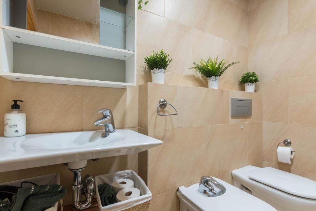 Baño con lavabo e inodoro blancos, paredes de azulejos beige y pequeñas plantas en macetas.