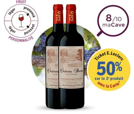 50% en ticket E.Leclerc sur le 2e produit avec la carte. Présentation de 2 bouteilles de vins rouge du Château Bertin. Note 8/10 maCave. Fruit : prononcé ; personnalité : puissant.