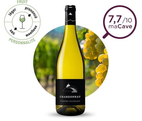 Présentation d'une bouteille de vin blanc Chardonnay. Note : 7,7/10 maCave. Fruit : prononcé ; personnalité : sec.