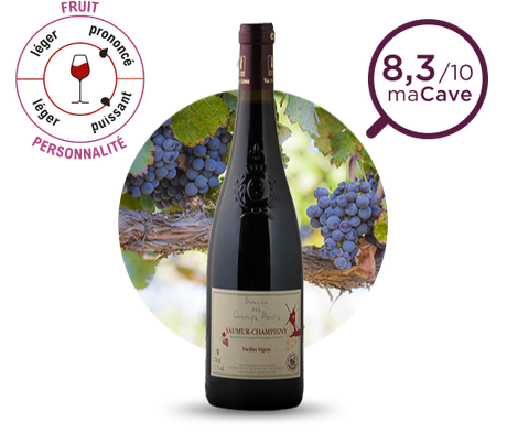 Présentation d'une bouteille de vin rouge Saumur-Champigny. Note : 8,3/10 maCave. Fruit : prononcé ; personnalité : puissant.
