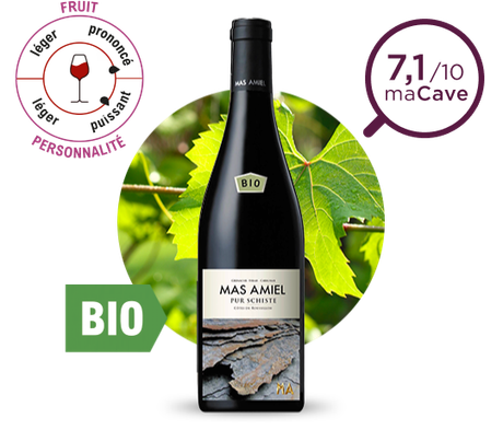 Présentation d'une bouteille de vin rouge bio Mas Amiel. Note : 7,1/10 maCave. Fruit : prononcé ; personnalité : puissant.