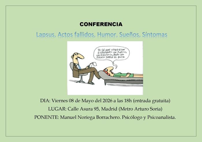 Cartel verde de conferencia sobre lapsus, actos fallidos, humor, sueños y síntomas, con caricatura de terapia.