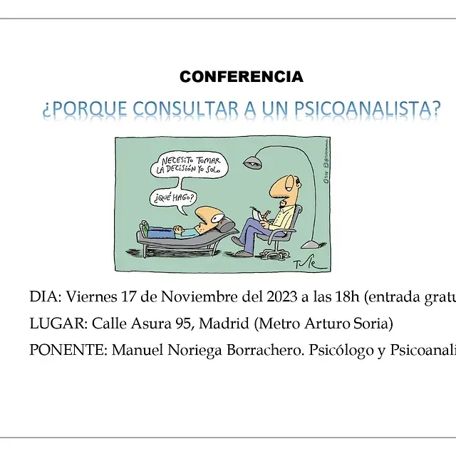 Una caricatura de un hombre hablando con otro hombre en un sofá.