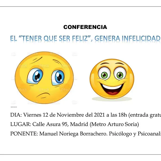 Un cartel para una conferencia con dos caras sonrientes.