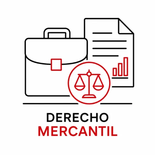 Icono de derecho mercantil con maletín, documento, balanza roja y texto “DERECHO MERCANTIL”.
