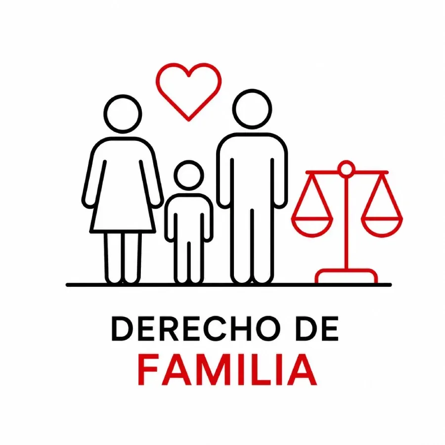 Icono de derecho de familia con tres personas, un corazón y una balanza roja sobre el texto “DERECHO DE FAMILIA”.