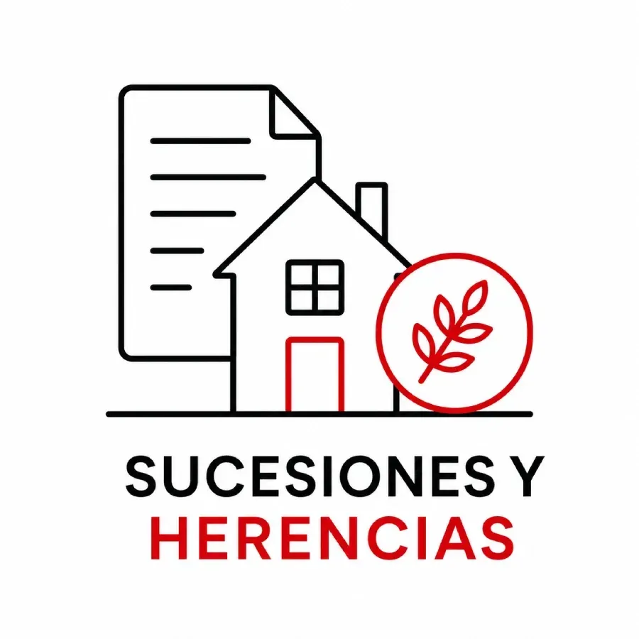 Logo de sucesiones y herencias con casa, documento y hojas en negro y rojo.