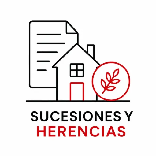 Logo de sucesiones y herencias con casa, documento y hojas en negro y rojo.