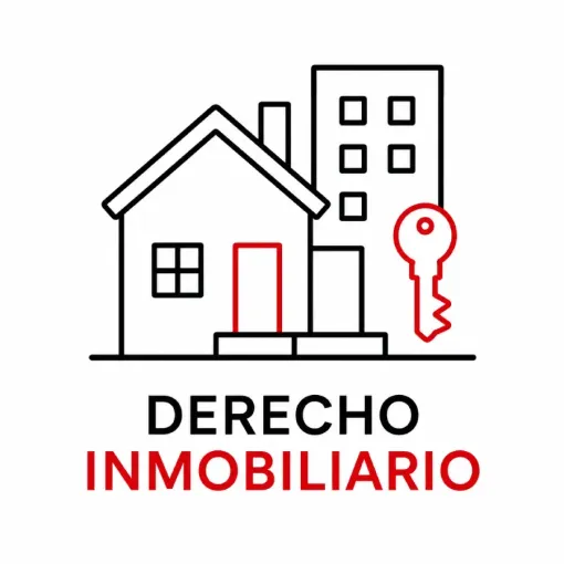 Logo de derecho inmobiliario con casa, edificio y llave roja sobre fondo blanco