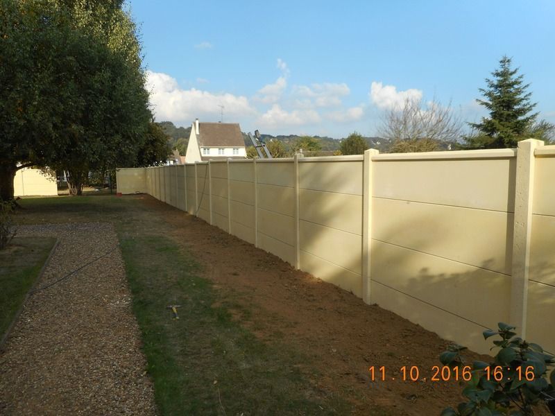 Cour de banlieue avec une clôture beige le long d'un chemin de terre et d'arbres sous un ciel partiellement nuageux
