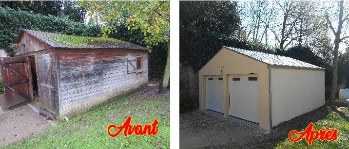 Comparaison avant/après d'un garage en bois transformé en un garage double beige propre.