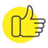 Icône jaune en forme de pouce levé avec contour noir sur fond blanc