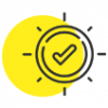 Une coche jaune dans un badge circulaire à lignes noires, comme une icône de succès ou d'approbation.