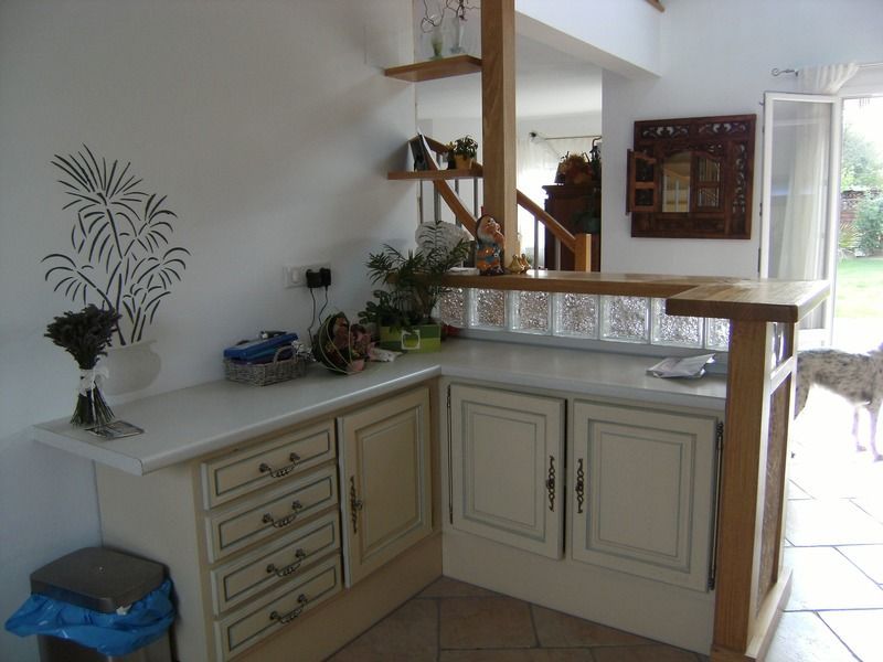 Petit comptoir de cuisine intérieure avec placards, plantes et miroir à côté d'un couloir lumineux