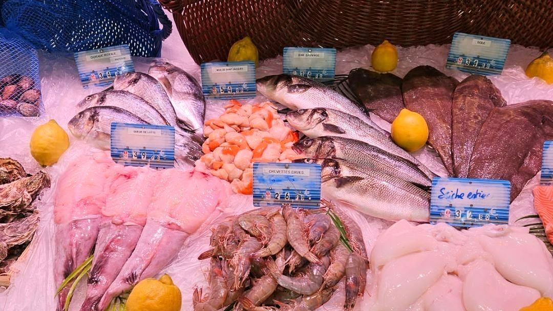 Étal de poissons et de crustacés
