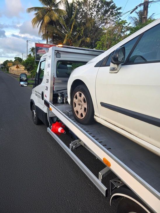 Voiture blanche chargée sur une dépanneuse dans une rue bordée de palmiers.