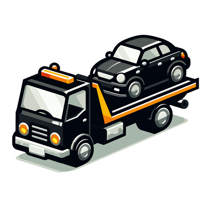 Dépanneuse transportant une voiture noire sur son plateau, illustrée en noir, orange et gris.