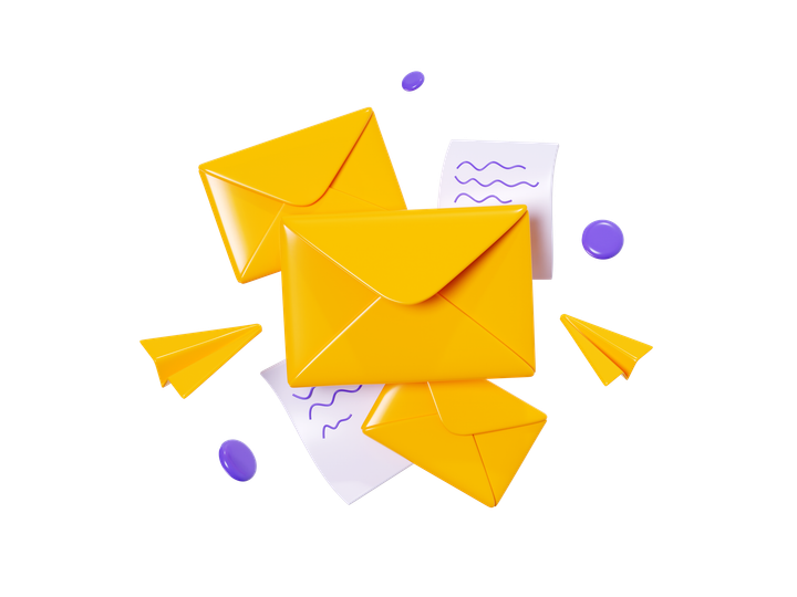 Des enveloppes jaunes et des avions en papier flottent autour d'une lettre.