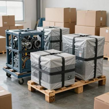 Cajas envueltas en papel gris apiladas en un palé junto a una máquina industrial azul en un almacén.