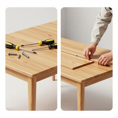 Vista dividida de una mesa de madera que se está