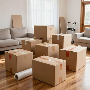 Sala de estar con cajas de mudanza apiladas y una alfombra enrollada en el suelo.