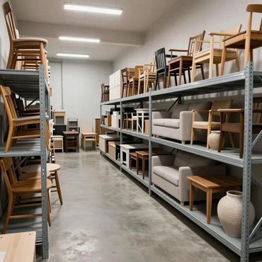 Trastero con estanterías metálicas que sostienen sillas, sofás y muebles apilados sobre un suelo de hormigón.