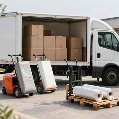 Muelle de carga con camión abierto, cajas de cartón apiladas, transpaleta y rollos envueltos sobre palés.