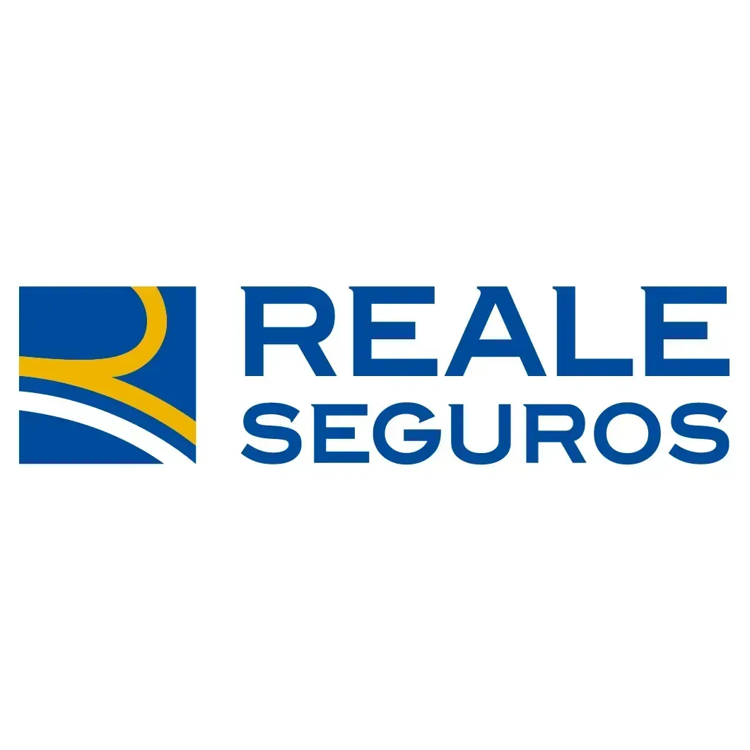 Logotipo de Reale Seguros en azul y dorado con icono y texto estilizados