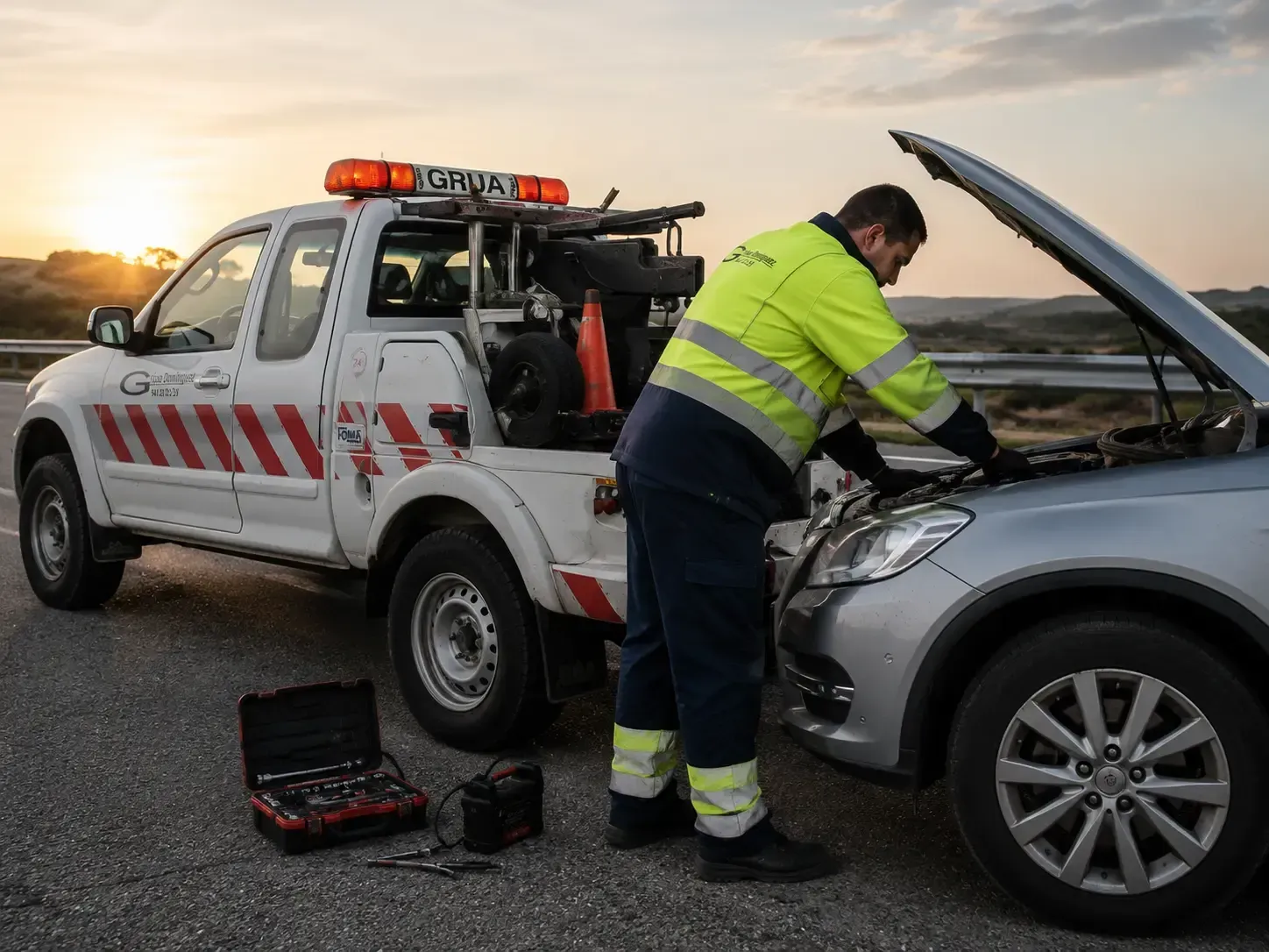 Un operario de grúa inspecciona el motor de un coche plateado en la cuneta al atardecer.