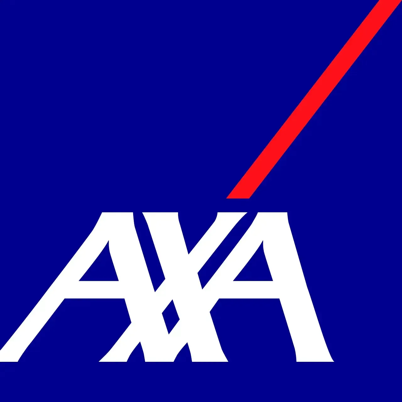 Logotipo de AXA en blanco sobre fondo azul con acento diagonal rojo.