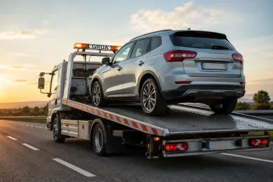 Un SUV plateado sobre una grúa de plataforma circulando por una carretera al atardecer.