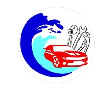 Logotipo de ola azul con un coche rojo y llaves inglesas plateadas en un c&iacute;rculo.