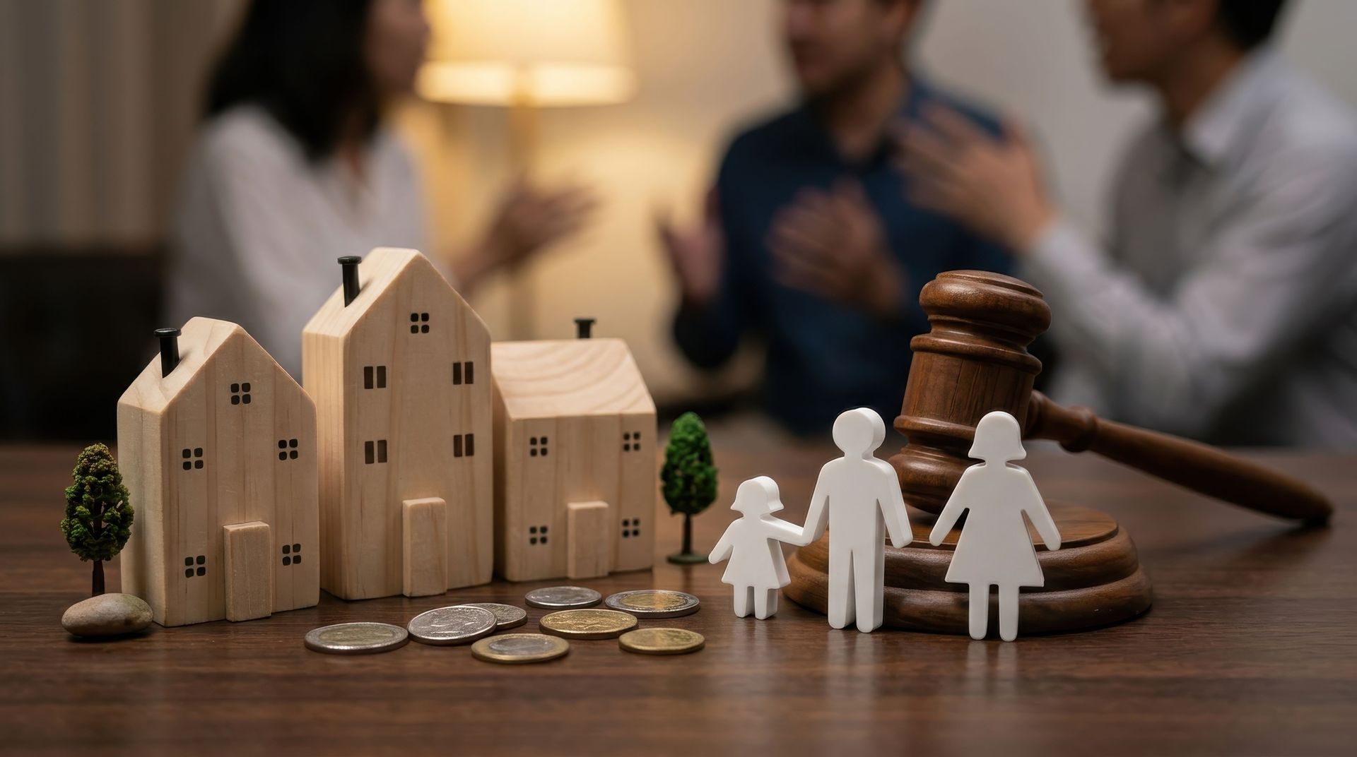 Maisons miniatures, figurines représentant une famille et marteau de juge, avec des personnes floues en arrière-plan, symbolisant un litige immobilier.