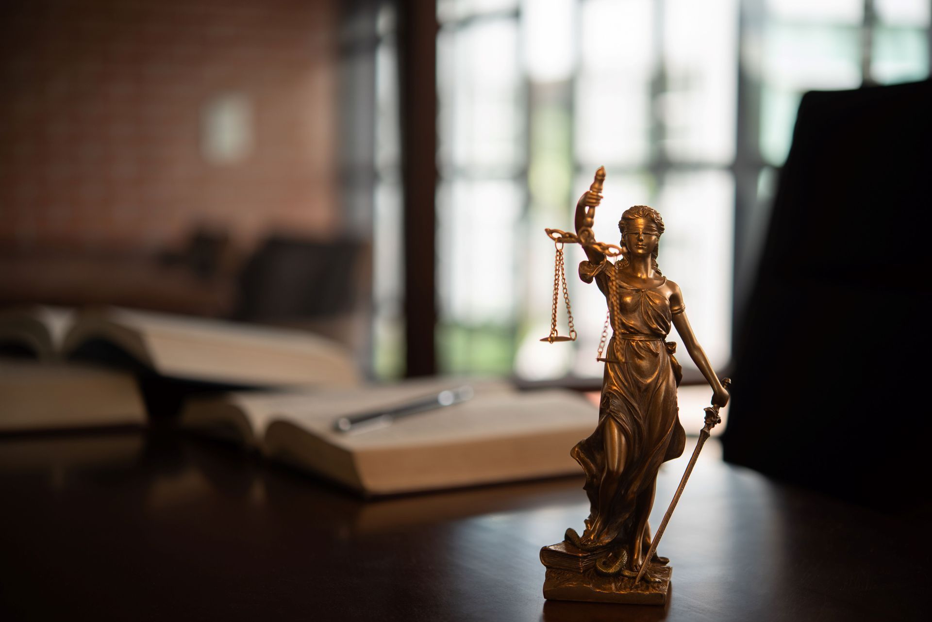 Petite statuette en bronze de la Justice sur un bureau, avec un livre ouvert en arrière-plan