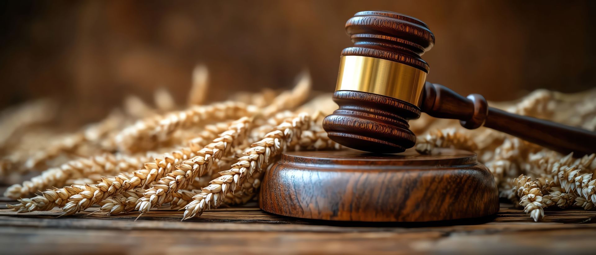 Maillet de juge posé sur des grains de blé à côté d’un livre de droit, symbolisant le droit agricole ou la justice
