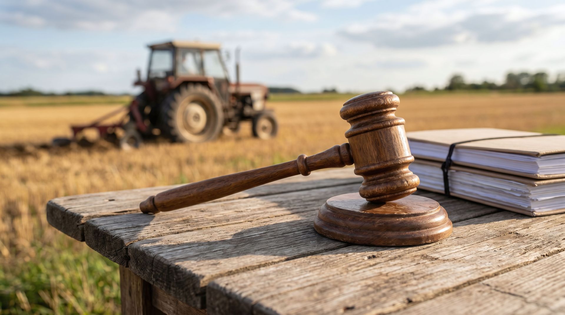 Marteau de juge en bois posé sur une table rustique, avec des documents empilés ; tracteur dans un champ flou en arrière-plan