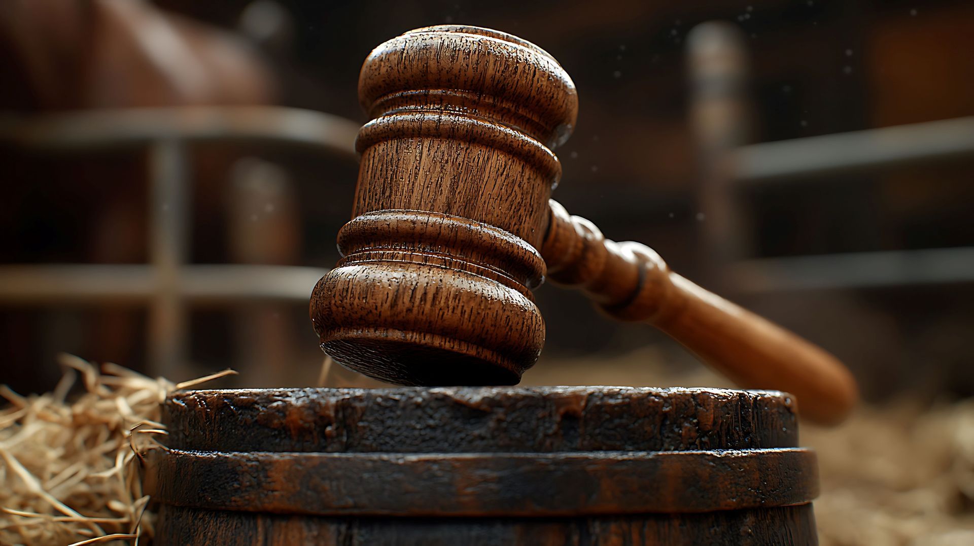 Maillet de juge en bois posé sur un socle sombre dans une salle d’audience