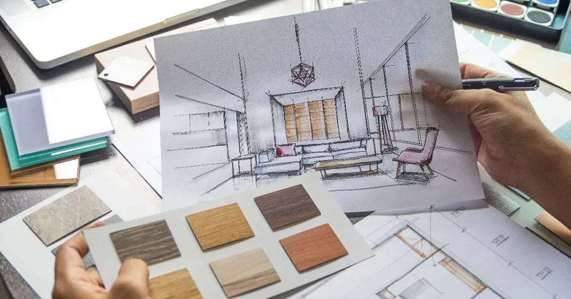 Des mains comparant des croquis de décoration intérieure et des échantillons de matériaux sur un bur