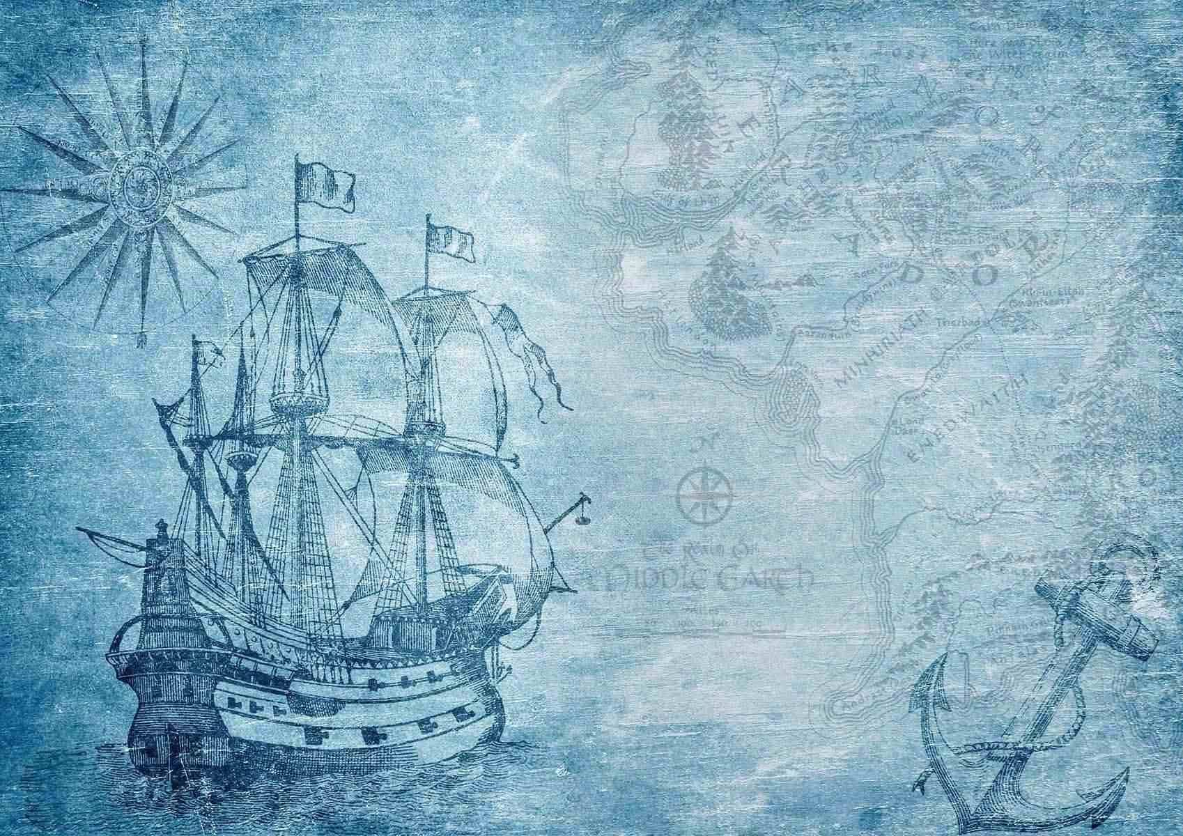 Un dibujo de un barco pirata sobre un fondo azul.