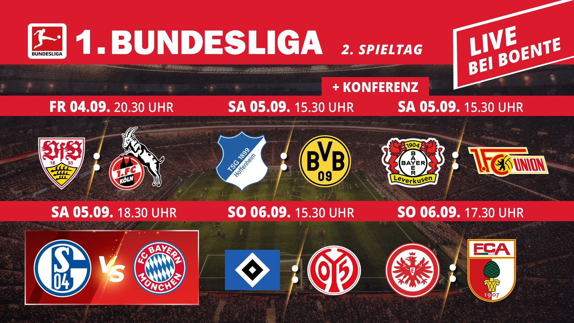Grafik mit dem Spielplan der deutschen Bundesliga, inklusive Teamlogos, Datum, Uhrzeit und Live-Ticker-Banner auf rotem Hintergrund