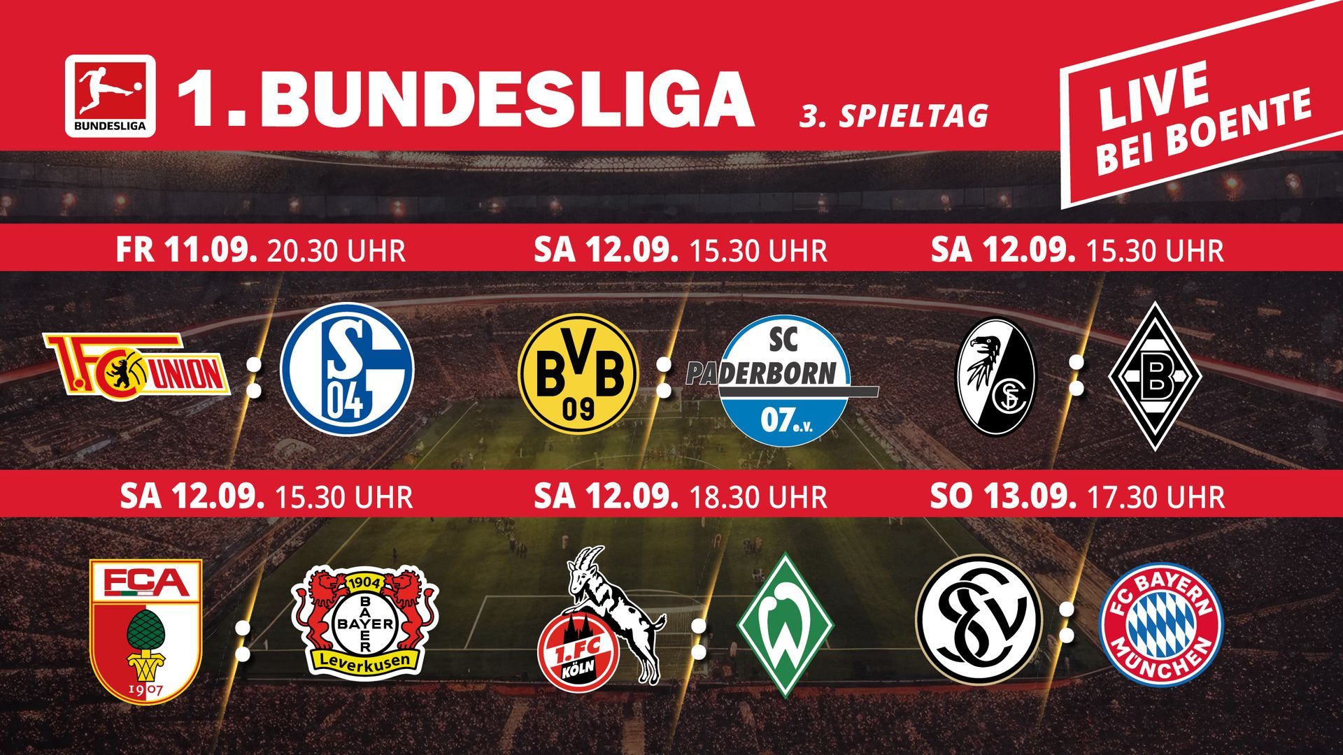 Grafik des Bundesliga-Spielplans mit Vereinslogos und roten Datumsbannern, inklusive Hinweisen auf Live- und Gratiswetten.