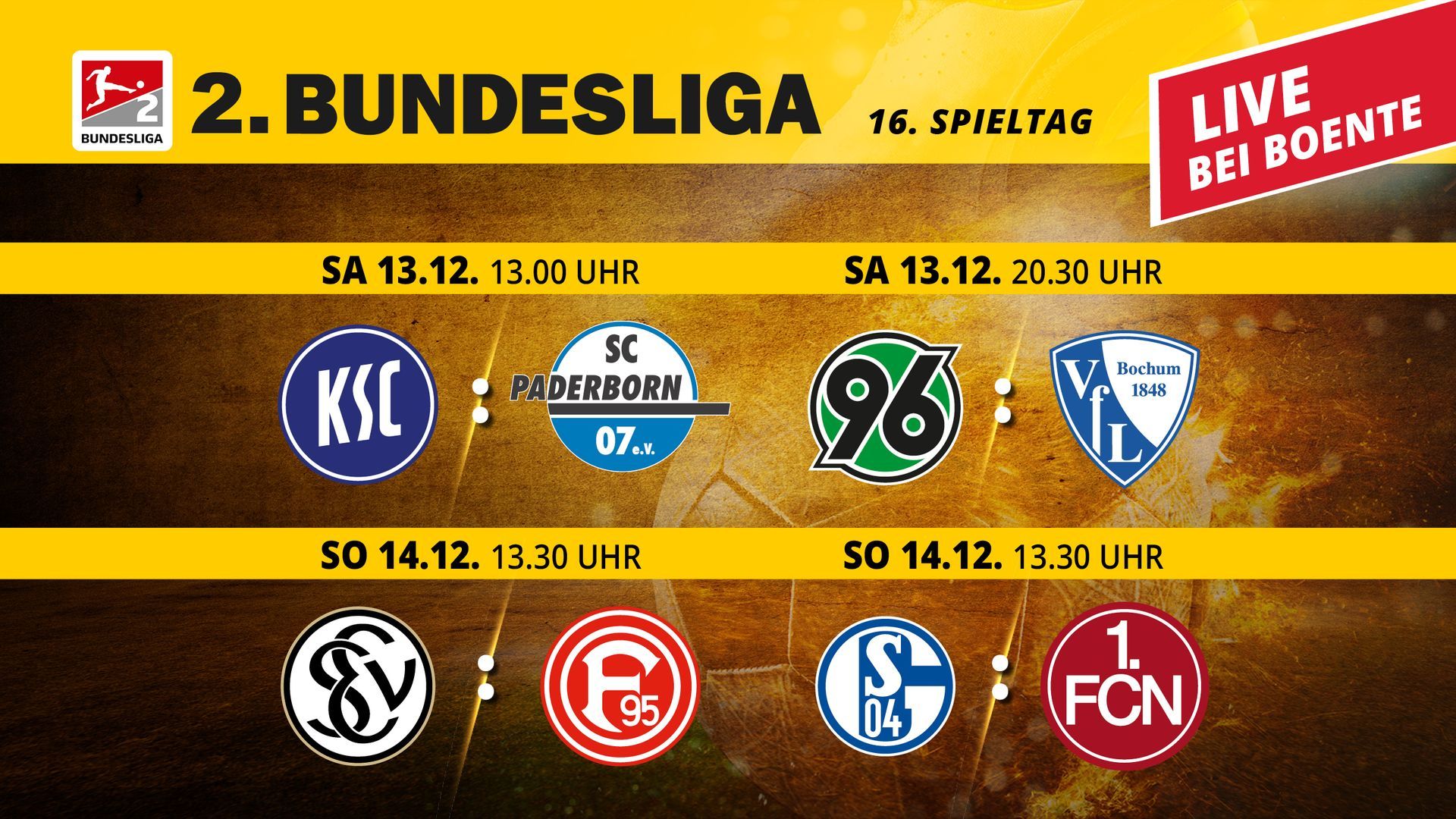 Grafik zum Bundesliga-Spieltag mit Logos der Fußballmannschaften und Spielzeiten.