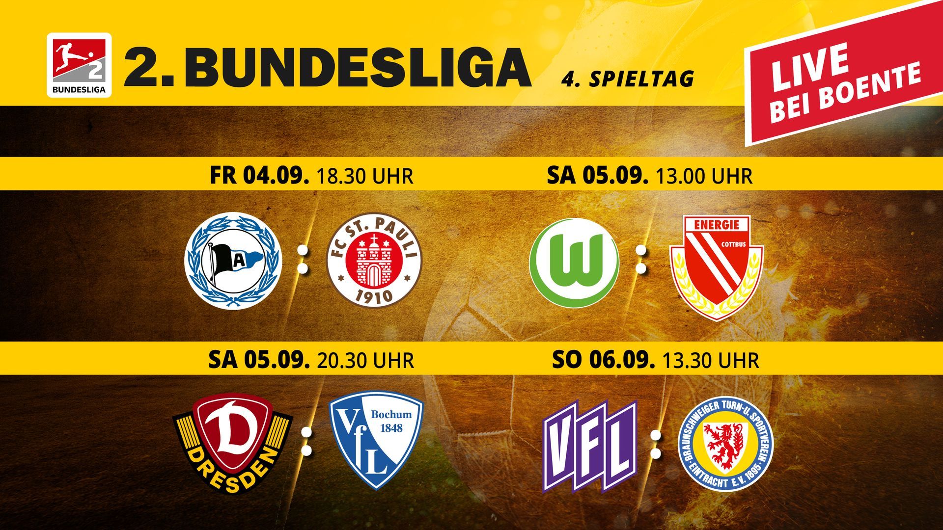 Grafik zum Spielplan des 4. Spieltags der 2. Bundesliga mit Mannschaftslogos, Daten und Anstoßzeiten auf gelbem Hintergrund