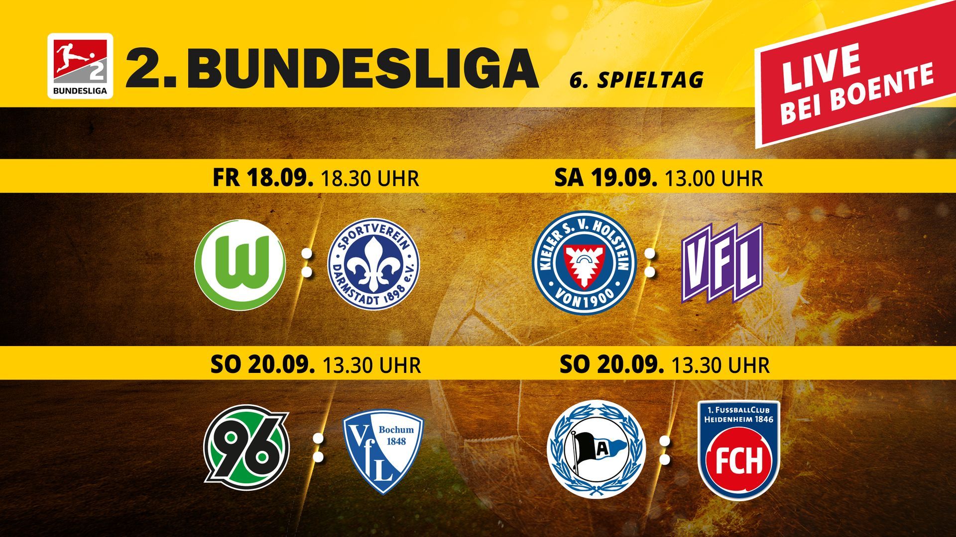 Grafik zum Spielplan des 6. Spieltags der 2. Bundesliga mit vier Begegnungen und Vereinslogos auf gelbem Hintergrund